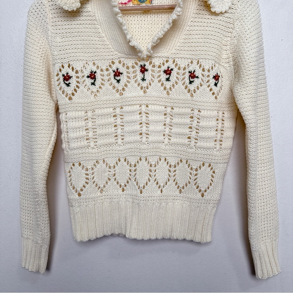 Beewear Womens Small Vintage Open Crochet Ivory Floral Collar Sweater - Picture 6 of 15